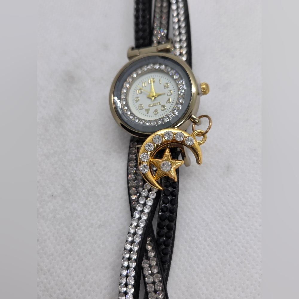 Gold and Black Women's Quartz Watch with Crystal And Leather Charm Accents - Picture 5 of 6